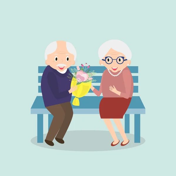 Una pareja de ancianos juntos. Mayores feliz ocio. El abuelo y la abuela sentados en el banco. Ilustración vectorial . — Vector de stock