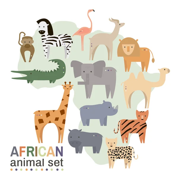 Animali africani in stile geometrico piatto. Ippopotamo, giraffa, fenicottero, elefante, leone, scimmia, giraffa, rinoceronte, zebra, coccodrillo, lince, gazzella, rinoceronte isolato su bianco. Illustrazione vettoriale . — Vettoriale Stock