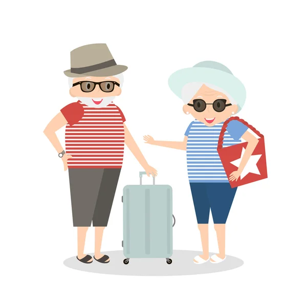 Seniors happy traveling. Grandmother and grandfather on trip. Oldest people with suitcase on trip. Vector illustration. — Stock Vector