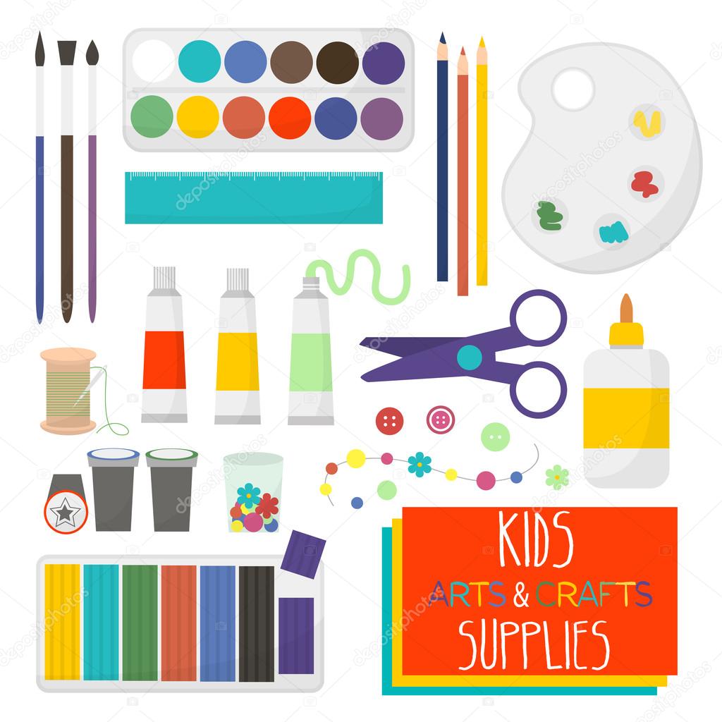 Art crafts items for kids creativity. Watercolor, clay, scissors, glue,  color paper, brush, pencil,palette, crayon,stamp, needle. Set of art  supplies for kids. Vector illustration. Stock Vector by ©friendlyvector  109481162