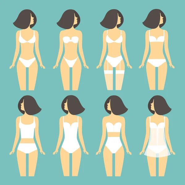 Jovem mulher em diferentes tipos de lingerie. ilustração vetorial —  Vetores de Stock