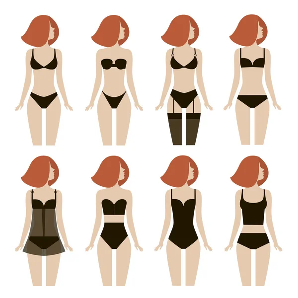 Jonge vrouw in verschillende soorten lingerie. vectorillustratie — Stockvector