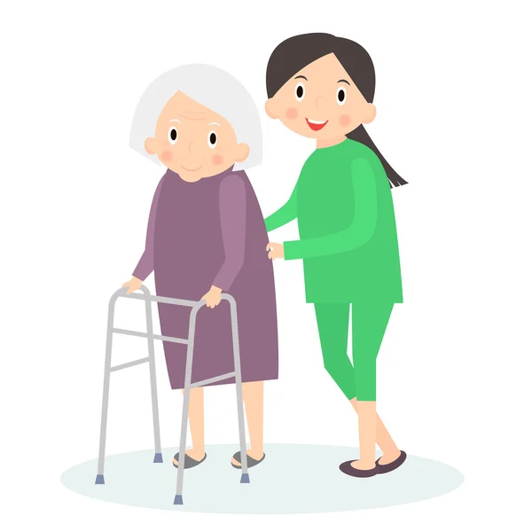 Prendre soin des personnes âgées, aider à se déplacer. Soins aux personnes âgées. Illustration vectorielle . — Image vectorielle