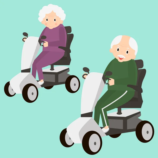 Vezető hölgy, és az ember a mobilitás robogó. A robogó mozgó idős emberek. Idősek szállítás. Vektoros illusztráció. — Stock Vector