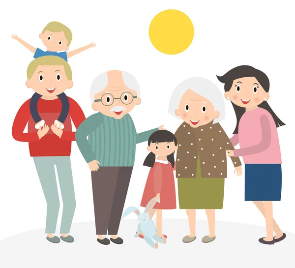 Mutlu aile portresi. Baba ve anne, oğlu ve kızı, dedesi bir resim birlikte. Aile beyaz izole. 3 kuşaktır birlikte. Vektör çizim.
