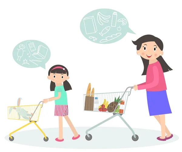 Familie samen winkelen. Moeder en dochter met supermarkt trolley. Winkelen met kind. Mensen in winkelcentrum, supermarkt, kruidenier, pictogrammen. Levensstijl situaties pictogrammen. — Stockvector