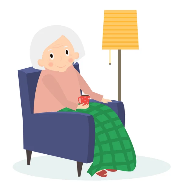 A nagymamája ül a karosszékben. Öregasszony szabadidő. Nagymama olvasó teát inni. Aranyos idősebb nő otthon. Vektoros illusztráció. — Stock Vector