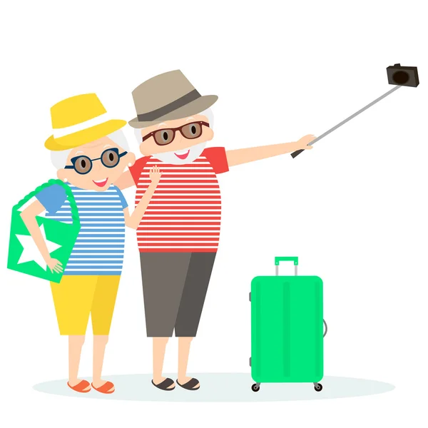 Seniors happy traveling. Grandmother and grandfather on trip. Oldest people with Selfie stick and suitcase on trip. Vector illustration — Stock Vector