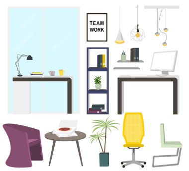Modern ofis iç öğeleri. Ofis mobilya koleksiyonu. Senin scenevector illüstrasyon oluşturmak