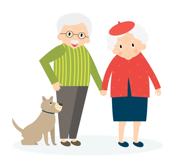 Yaşlı çift birlikte mutlu. Yaşlılar çiftle yürüyüş köpek. Vektör çizim