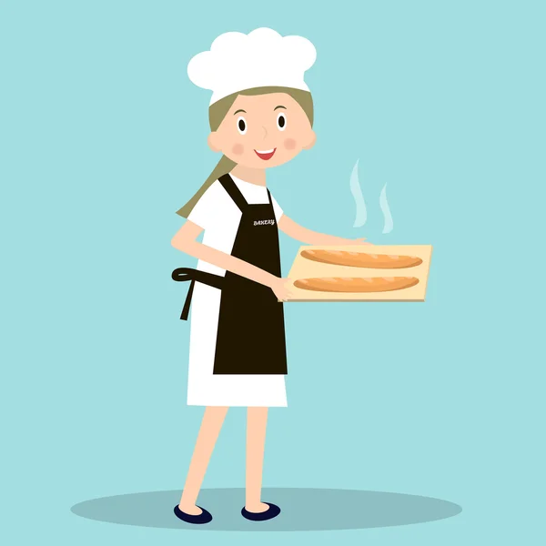Cucinare il panettiere chef. Professionisti mugnaio. Panettiere con baguette calde. Illustrazione vettoriale — Vettoriale Stock