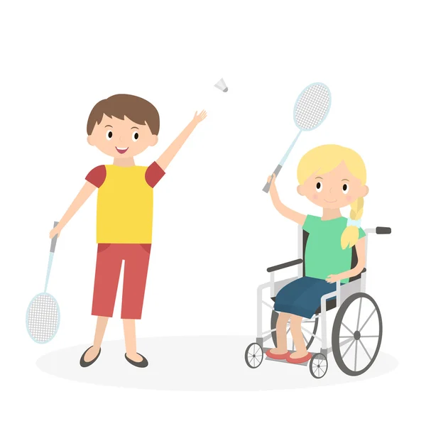 Disabled kid with friend. Handicapped child in a wheelchair with friend isolated on white. Special needs girl playing with friend. Vector Illustration — Stock Vector