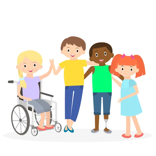 Handikappade barn med vänner. Handikappade barn isoleras på vitt. Särskilda behov barn med vänner. Vektor Illustration — Stock vektor