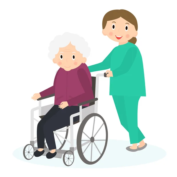 Disabled old woman. Handicapped senior woman in a wheelchair. Special needs woman. Caring for seniors, helping moving around. Elderly care. Vector illustration. — Stock Vector