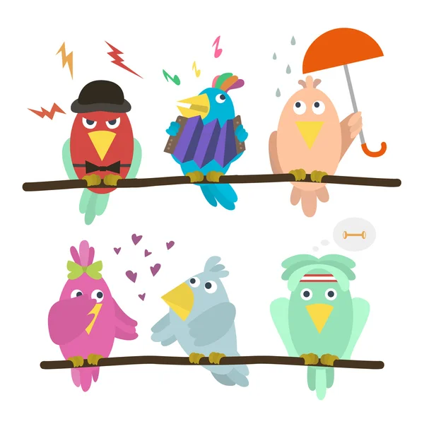 Funny emoticon birds sitting on a branch. Cartoon set of funny colorful cute birds. Each bird on his layer with a branch. Vector illustration