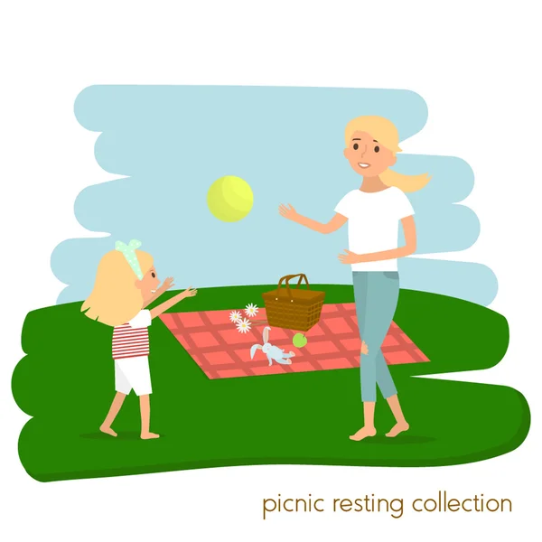 Piknik keluarga istirahat. Ibu dan putrinya sedang piknik. Liburan musim panas. Ilustrasi vektor - Stok Vektor