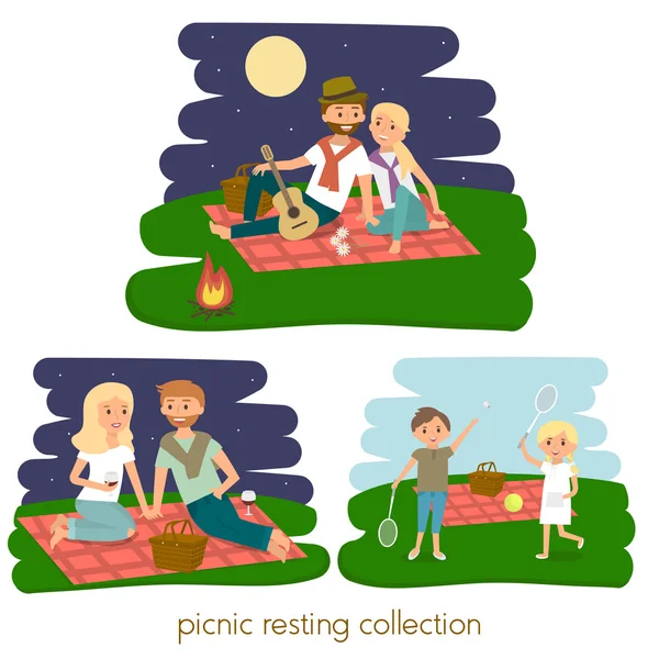 Juego de picnic familiar feliz descansando. Pareja joven al aire libre. Picnic familiar de verano. Ilustración vectorial — Vector de stock