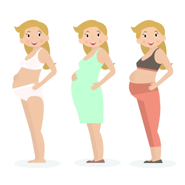 Mujer embarazada con ropa y ropa interior diferentes. Estilo plano. Ilustración vectorial — Vector de stock