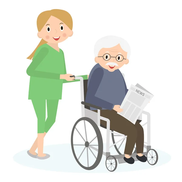 "Ανάπηρη" ανώτερος άνθρωπος σε μια αναπηρική καρέκλα. Ο άνθρωπος με ειδικές ανάγκες. Η φροντίδα των ηλικιωμένων, βοηθώντας να μετακινούμαι. Φροντίδας ηλικιωμένων. Vector εικονογράφηση. — Διανυσματικό Αρχείο