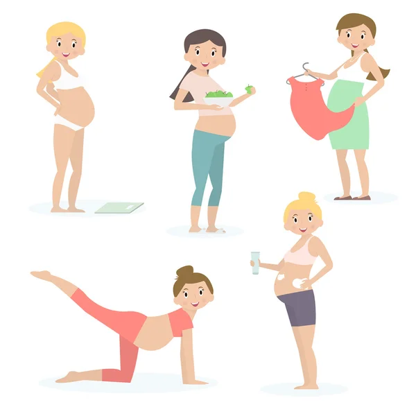 Mujeres embarazadas, cuidado de la salud, yoga, nutrición, compras. Ilustración vectorial — Archivo Imágenes Vectoriales