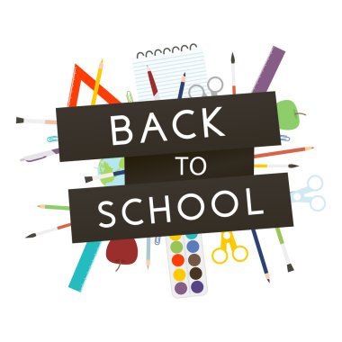 Okul malzemeleri ile okula dönüş. vektör çizim.