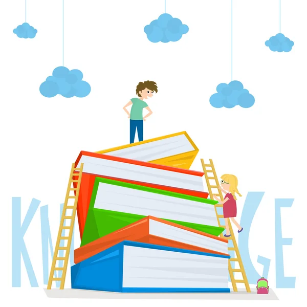 Kinder klettern über Treppen zu dem großen Bücherstapel. Illustration der Bildung von Kindern. Vektorillustration. — Stockvektor