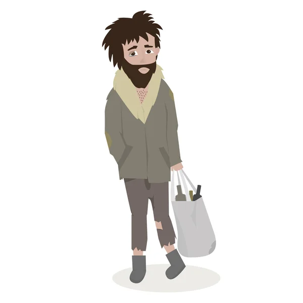 Homeless. Bearded Man in dirty rags. Vector Illustration. — Stock Vector