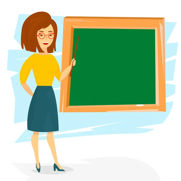 Profesora de escuela joven mujer alegre. Profesor de escuela enseñando con un puntero. Ilustración vectorial . — Vector de stock