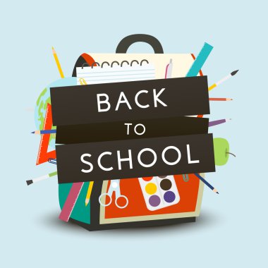 Geri okul kavramı. Okul malzemeleri ile sırt çantası. Vektör çizim.