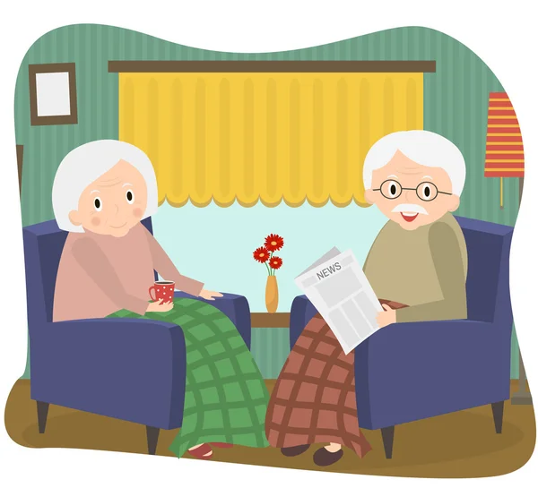 Boldog régi pár együtt. Nyugdíjas pár ül egy széken otthon. Vektoros illusztráció — Stock Vector