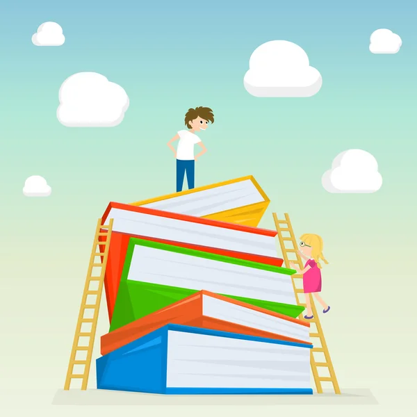 Kinder klettern über Treppen zu dem großen Bücherstapel. Illustration der Bildung von Kindern. Vektorillustration — Stockvektor