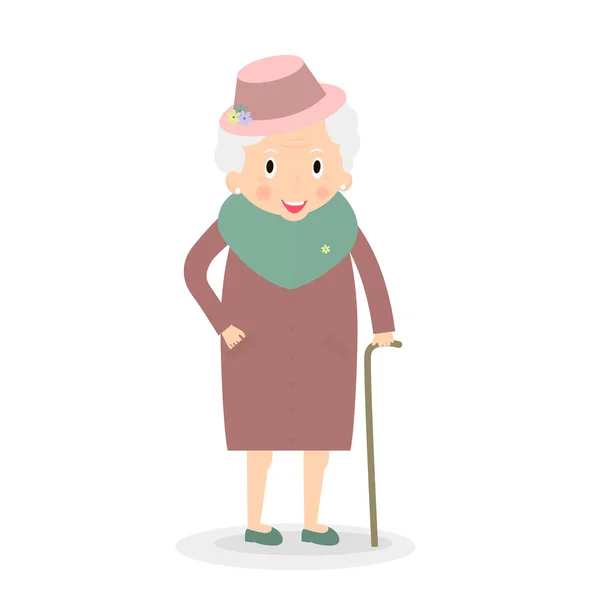 Cute Old woman with walking stick. Grandmother in hat. Senior lady on walk. Vector, illustration. — Stock Vector