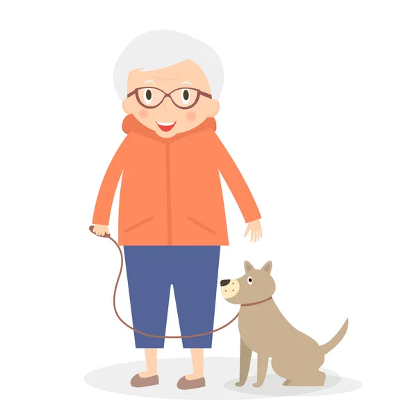 Söt äldre kvinna med hund på promenad. Mormor i sportkläder. Vektor illustration — Stock vektor