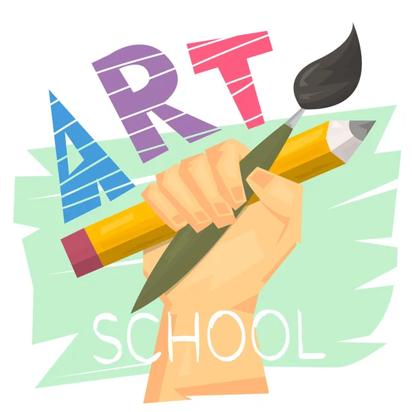 Kunstschulkonzept. Hand hält großen Bleistift und Pinsel. Fertiges Logo oder Banner für den Kunstunterricht. Moderne Kunst. Vektorillustration — Stockvektor