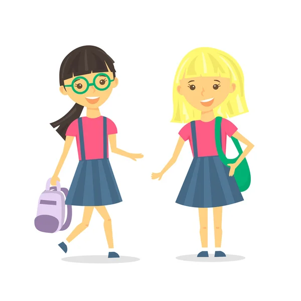 Chicas lindas de la escuela con mochila escolar. Ilustración vectorial . — Archivo Imágenes Vectoriales