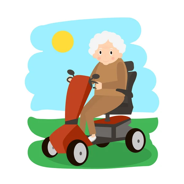 A mozgássegítő vezető hölgy. A robogó mozgó idős emberek. Idős közlekedési. — Stock Vector