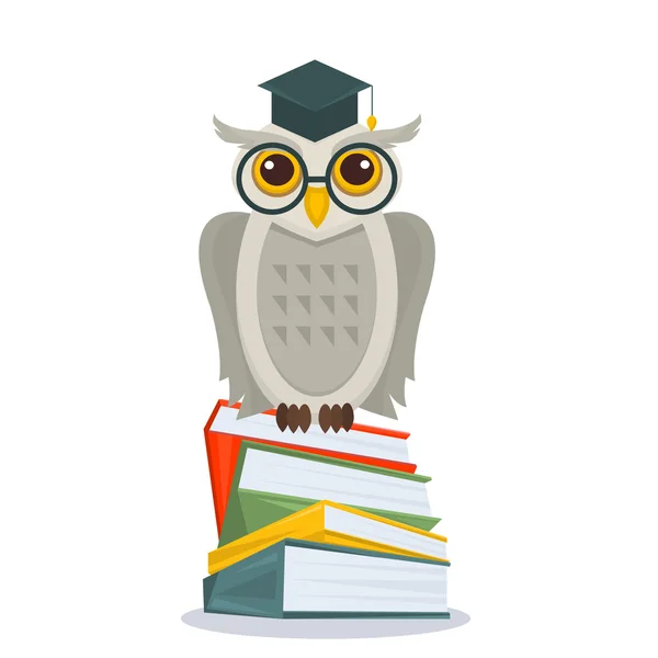 Baykuş gözlük ve akademik şapka kitap yığınında oturuyor. Baykuş izole kitap. Eğitim kavramı ile baykuş. Vektör çizim