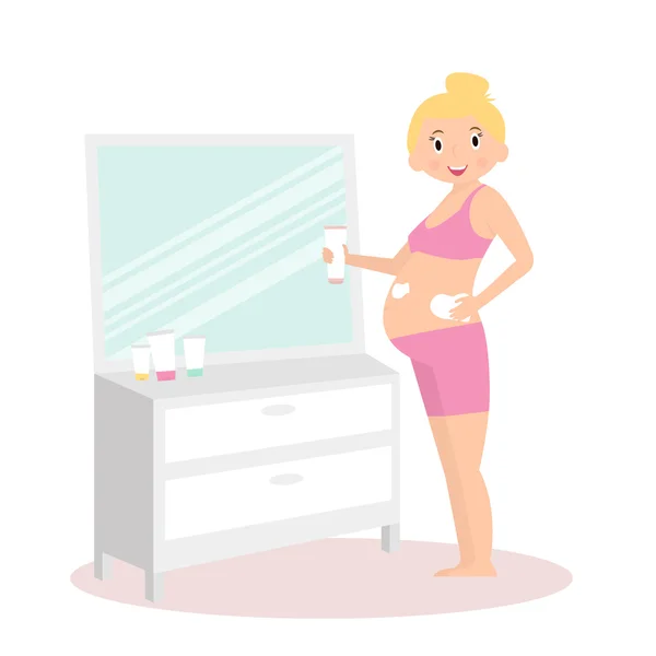 Gesundheitsversorgung für Schwangere. niedliche schwangere Frau in der Nähe Spiegel mit Creme. Vektorillustration — Stockvektor
