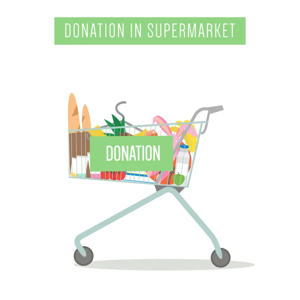 Cart with donation in supermarket isolated on white. Vector Illustration — Stock Vector