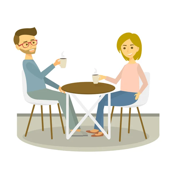 Pareja joven se sienta en la cafetería y bebe café. Descanso. Ilustración vectorial — Vector de stock