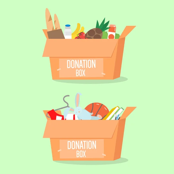 Conjunto de cajas de donación. Caja con diferente tipo de donación aislada. Ilustración vectorial — Vector de stock