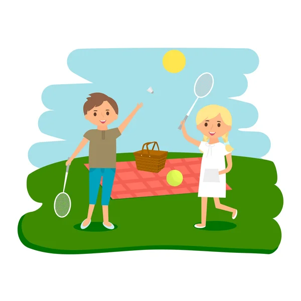 Glada barn picknick vilar. Pojke och flicka utomhus på sommaren picknick. Vektor Illustration. — Stock vektor