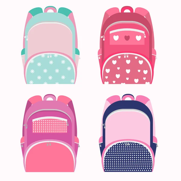 School backpacks for girl collection isolated on white. School bags in 4 different versions. Vector illustration — Stock Vector