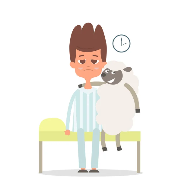 Sömnlösa koncept med mannen och fåren på dåligan. får kramas man. Vektorillustration. — Stock vektor