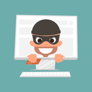 Bir kredi kartı tutan hırsız. Güvenli online alışveriş kavramı. Vektör çizim.