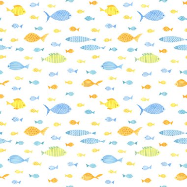 Tatlı renkli balıklar, pürüzsüz derin deniz desenleri. Suluboya, elle çizilmiş. Beyaz arka planda mavi, sarı, yeşil ve turuncu renkler. Çocuklar için iyi kumaş, tekstil, ambalaj kağıdı, duvar kağıdı, parmak izi.