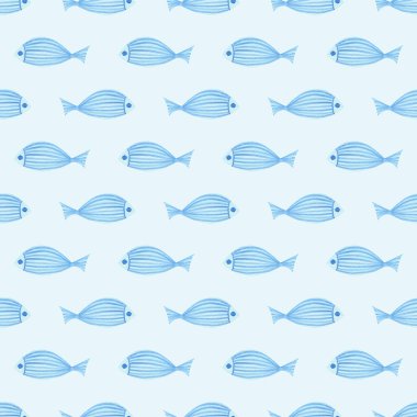 Şirin renkli balıklar kusursuz desenli okyanus mavisi. Suluboya, elle çizilmiş. Mavi renkler, açık mavi arkaplanda izole edilmiş. Çocuklar için iyi kumaş, tekstil, ambalaj kağıdı, duvar kağıdı, parmak izi.