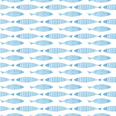 Şirin, renksiz, kusursuz morina balığı deseni. Suluboya, elle çizilmiş. Mavi renkler, beyaz arka planda izole edilmiş. Çocuklar için iyi kumaş, tekstil, ambalaj kağıdı, duvar kağıdı, parmak izi.