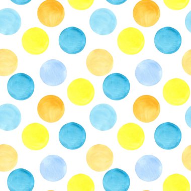 Colorful bubbles isolated on white, seamless pattern. Watercolor, hand drawn. Blue, yellow and orange color circles. Good for children fabric, textile, wrapping paper, wallpaper, prints