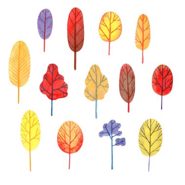 Suluboya ağaçlarıyla çevrili, beyazlar üzerinde izole edilmiş. Turuncu, mavi, menekşe, kırmızı ve sarı parlak renkler, el çekimi. Arkaplan, duvar kâğıtları, baskılar, kapaklar ve ambalaj için tasarım